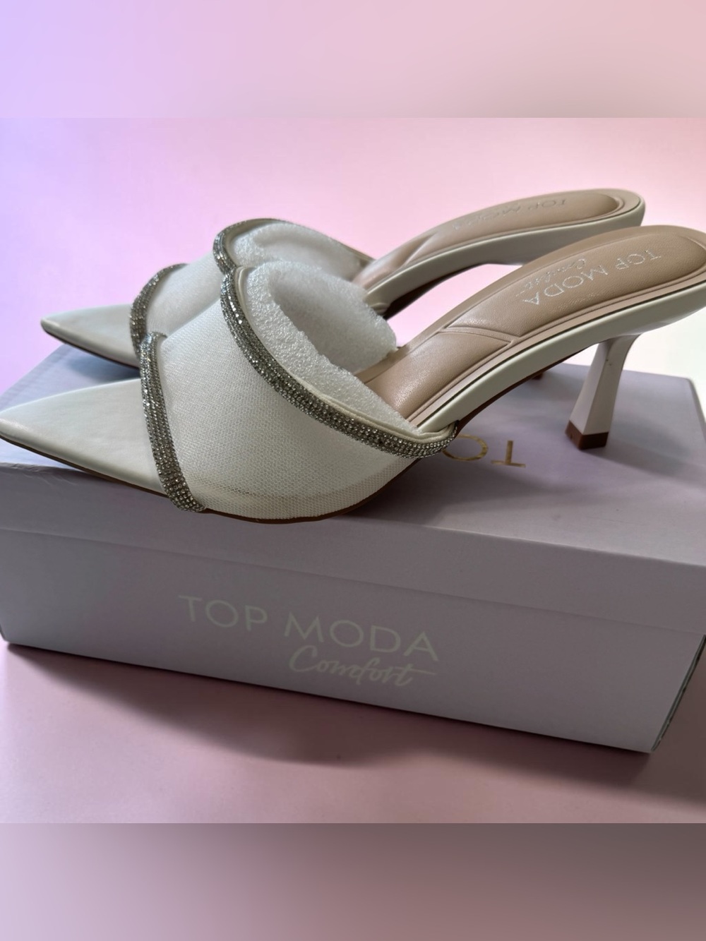 TOP Moda Ivory Satin Pointed Toe Mules with Crystal Trim